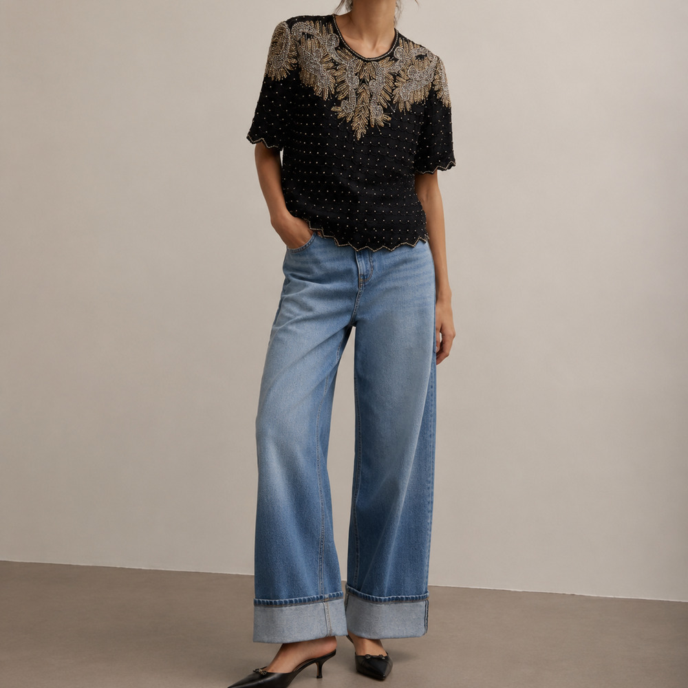 Vintage 80s 90s Silk Beaded Top Medium Black Gold Maximalist‎ Glam Cocktail NWT